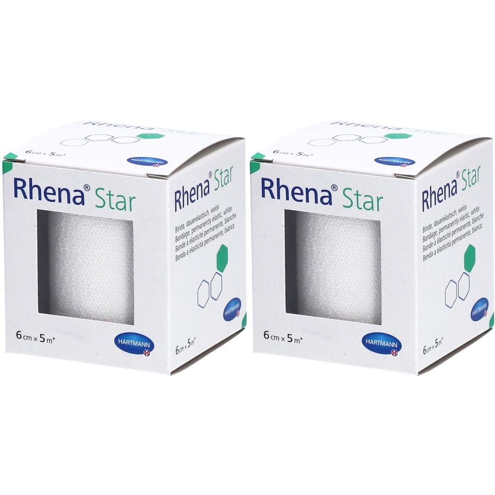 Zwei Kartons mit weißer Binde. Aufdruck: Rhena Star, 6 cm x 5 m. Sichtfenster. Marke Hartmann.