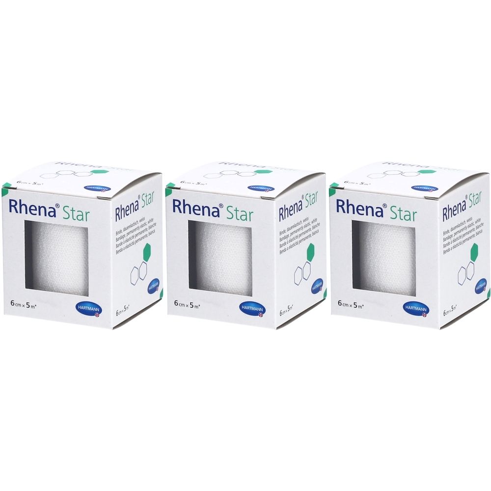 Trois boîtes de bandage blanc. Inscription : Rhena Star, 6 cm x 5 m. Emballage vert et blanc avec logo.