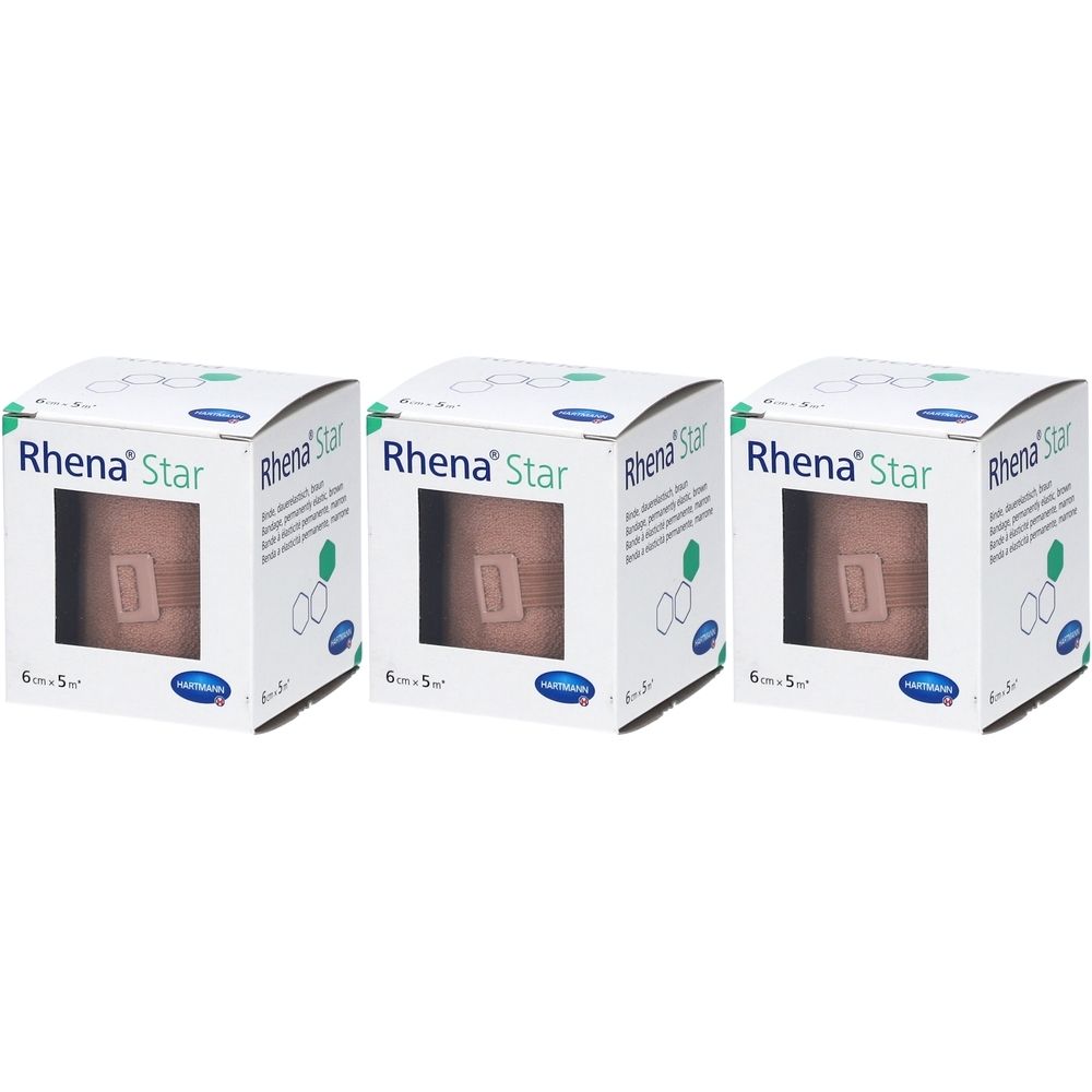 Trois boîtes de bandages Rhena Star. Chaque boîte présente un bandage brun. Inscriptions : Rhena Star, 6 cm x 5 m. Boîtes blanches.