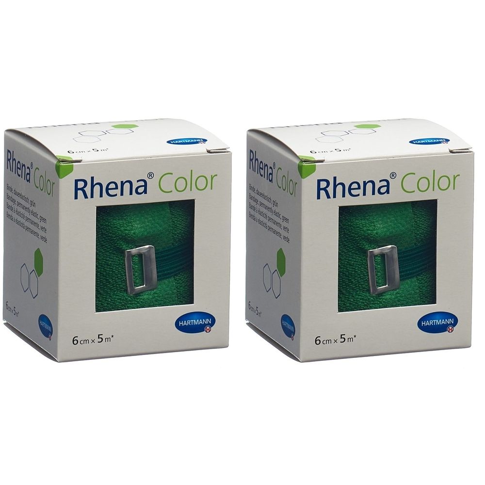 Deux boîtes de bandage Rhena Color. Vert, 6 cm x 5 m. Emballage avec nom du produit et logo.