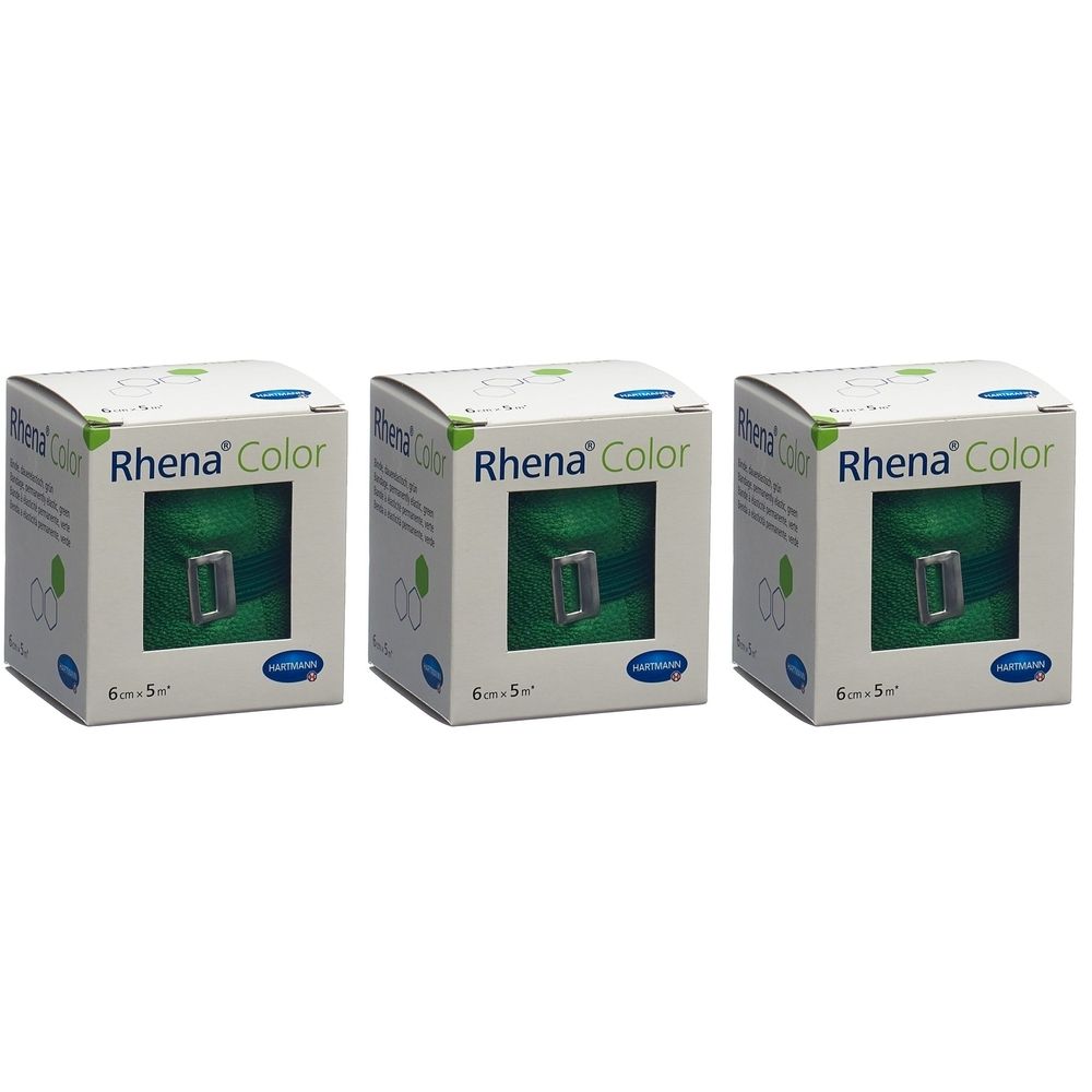 Trois boîtes de bandages Rhena® Color. Bandage vert dans des boîtes blanches. Inscription : 6 cm x 5 m.