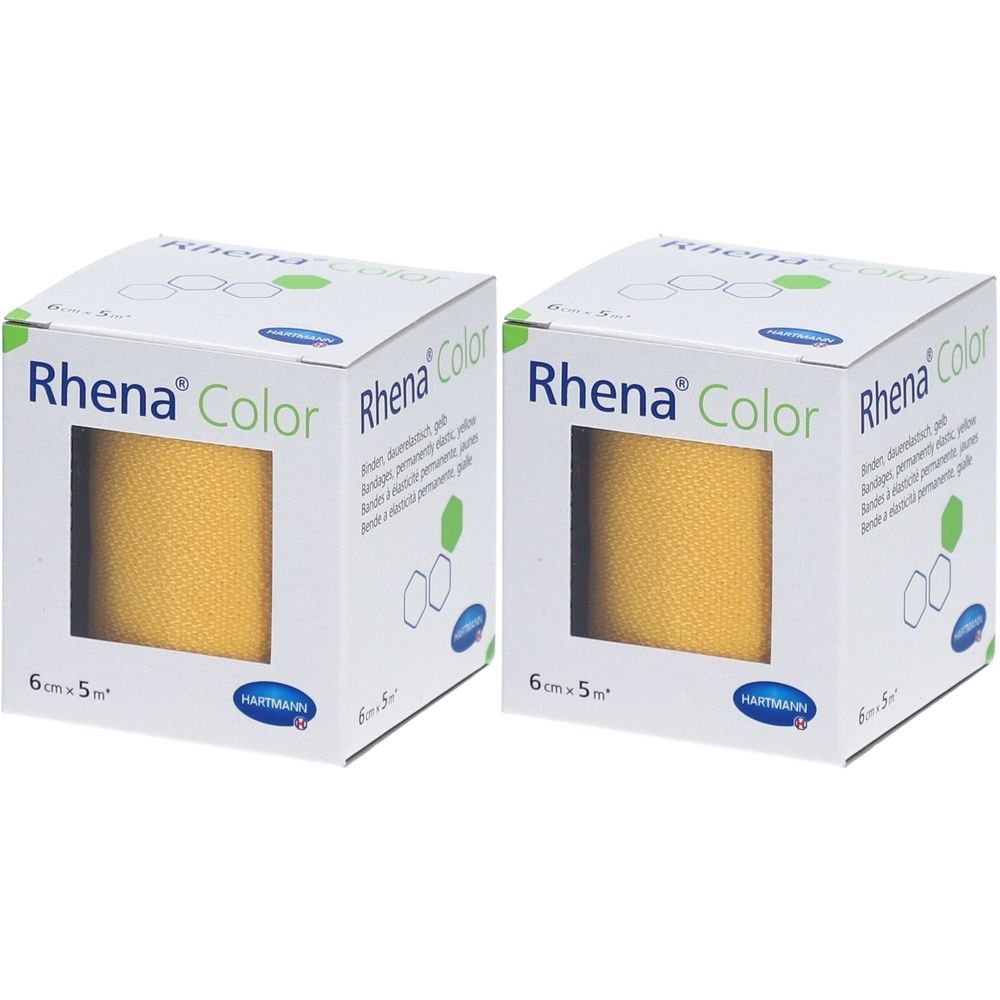 Zwei Packungen Rhena Color Mittelstreckbinden, gelb. Jede Packung zeigt eine Rolle Verband in einem quadratischen Karton. Größe: 6 cm x 5 m.