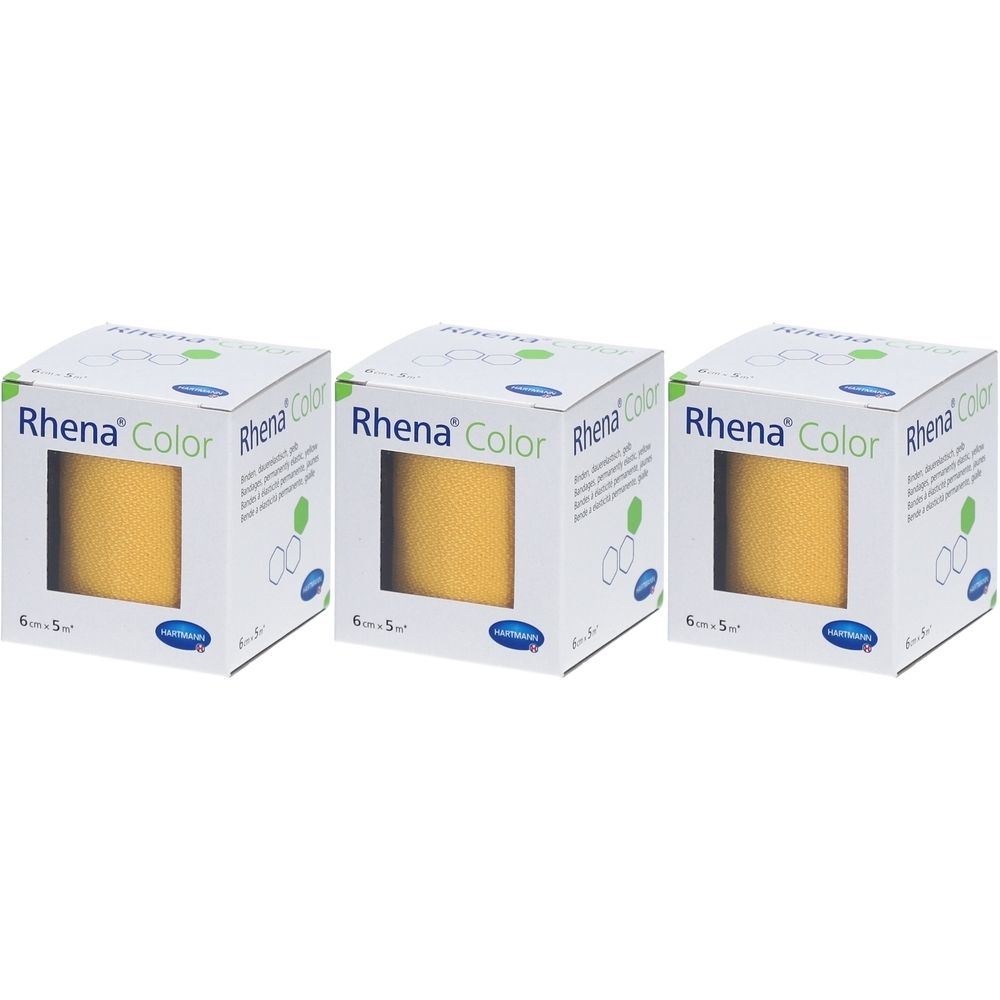 Drei Packungen Rhena Color Mittelstreckbinden, gelb. Jede Packung zeigt eine Rolle Verband. Aufdruck: 6 cm x 5 m.