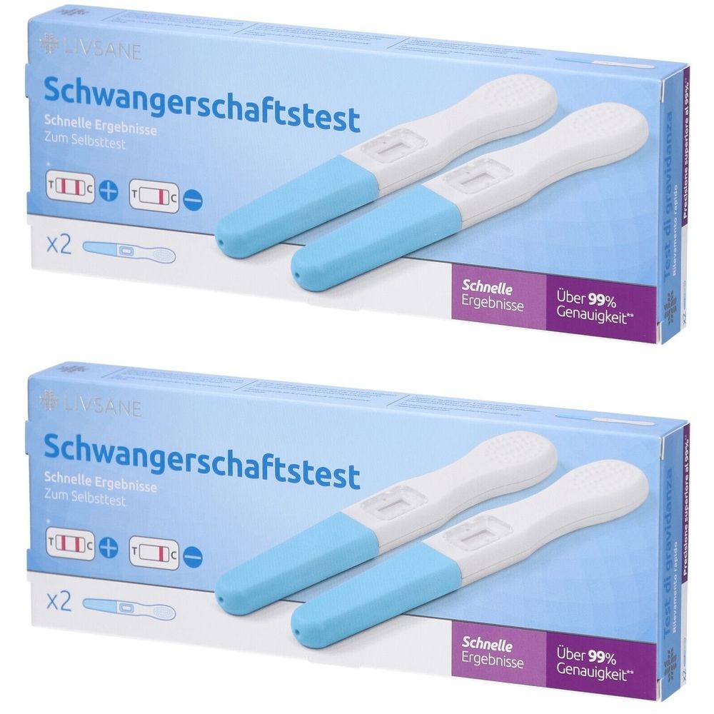 Verpackung mit zwei Schwangerschaftstests. Blaue und weiße Teststäbchen. Aufschrift: Schwangerschaftstest, schnelle Ergebnisse.