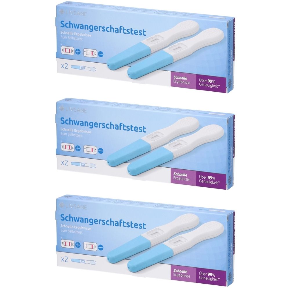 Drei Packungen Schwangerschaftstests. Jede Packung enthält zwei Teststäbchen. Blaue und weiße Teststäbchen. Aufschrift: Schwangerschaftstest.