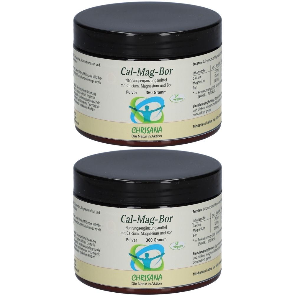 Zwei Dosen Cal-Mag-Bor Pulver. Schwarze Deckel, cremefarbene Etiketten mit Produktinformationen und Logo. Vegan-Siegel.