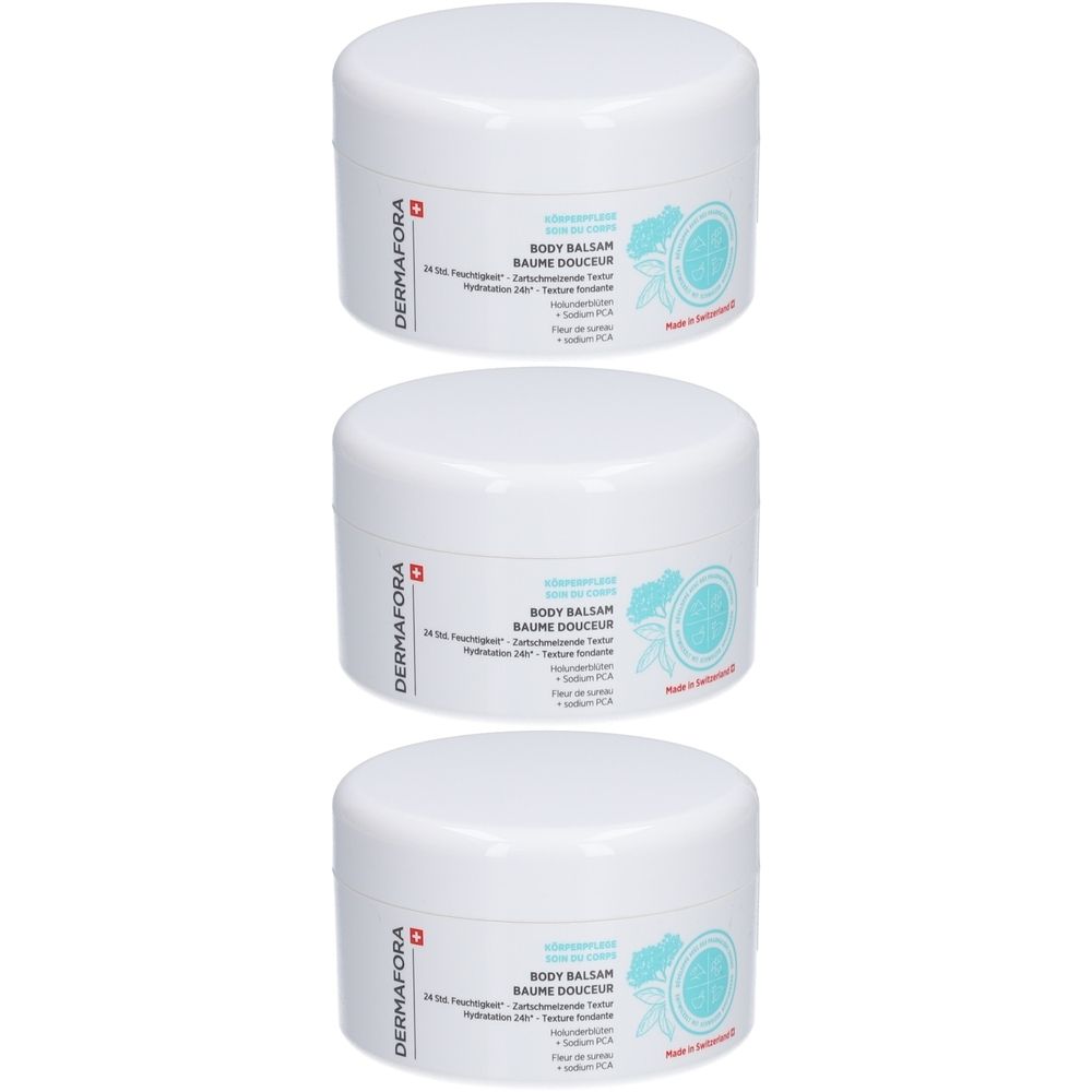 Drei weiße Tiegel mit Deckel. Aufschrift: DERMAFORA, BODY BALSAM, BAUME DOUCEUR. Türkis-farbenes Design.