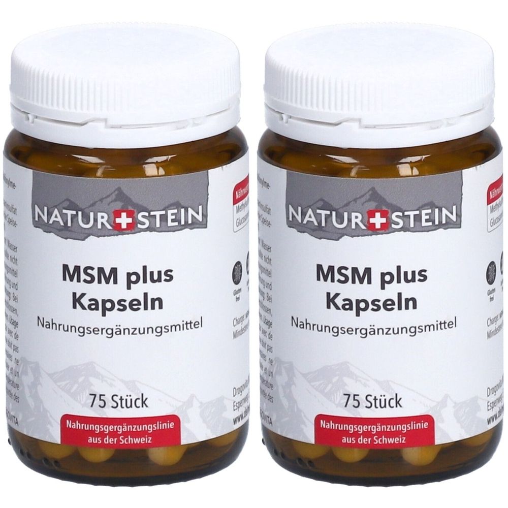 Zwei braune Glasflaschen mit weißen Deckeln. Auf den Etiketten steht "NATUR+STEIN MSM plus Kapseln". Jede Flasche enthält 75 Stück.