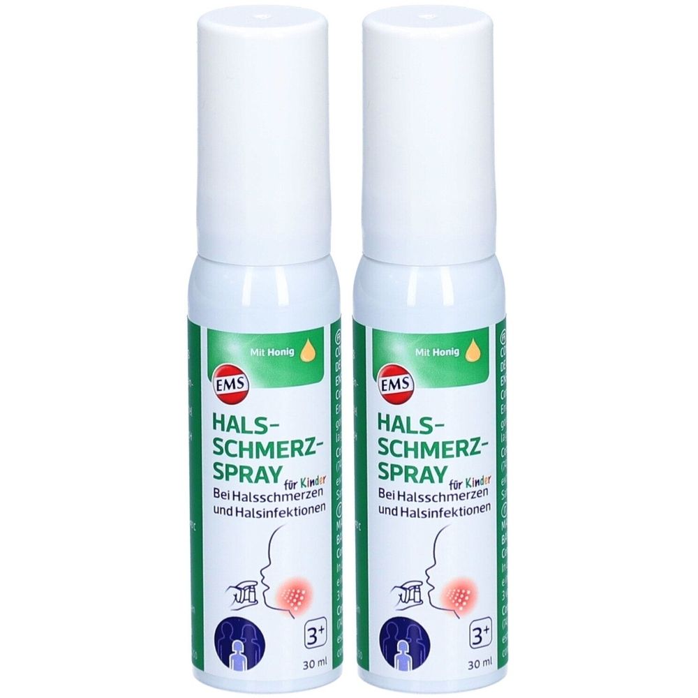 Deux flacons de spray blancs avec étiquette verte. Inscription: EMS Spray mal de gorge pour enfants. Avec miel. Illustration d'une gorge. 3+.