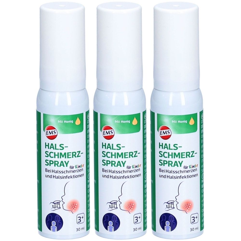 Drei Sprays. Weiße Flaschen mit grün-weißen Etiketten. Text: EMS Halsschmerzspray für Kinder. Illustration eines Halses. 3+ und 30 ml.