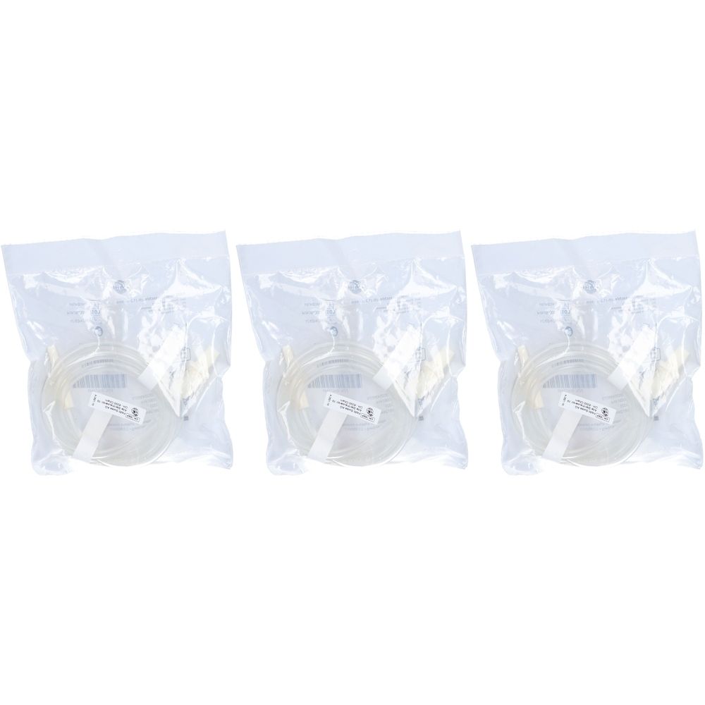 Drei transparente Schläuche in Plastikverpackung. Jede Verpackung enthält einen Schlauch, aufgerollt und mit Etikett.