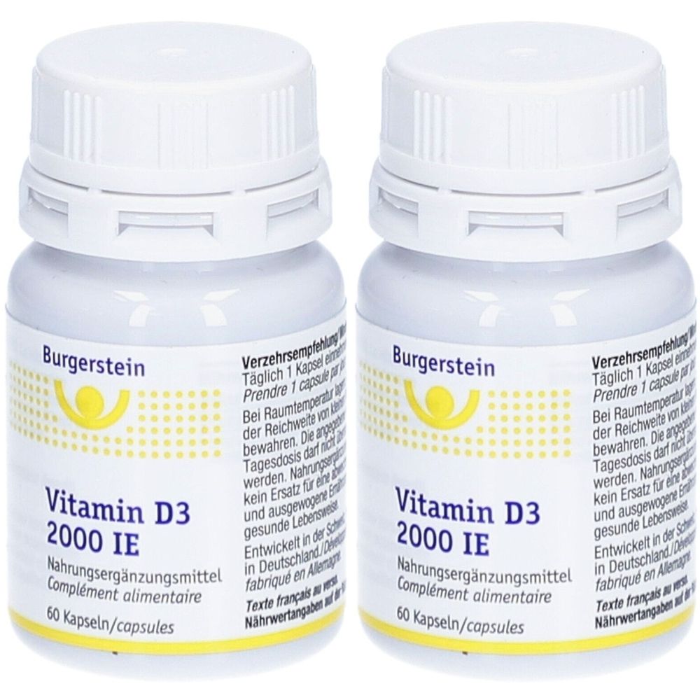 Zwei weiße Flaschen mit Schraubverschluss. Aufschrift: Burgerstein Vitamin D3 2000 IE, Nahrungsergänzungsmittel, 60 Kapseln.
