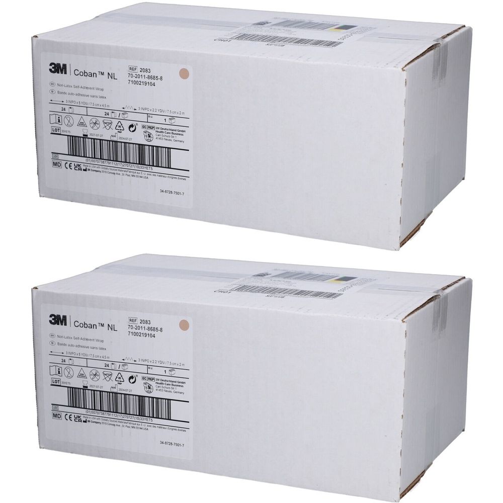 Zwei weiße Kartons mit Aufdrucken. Auf einem Etikett steht "3M Coban NL".