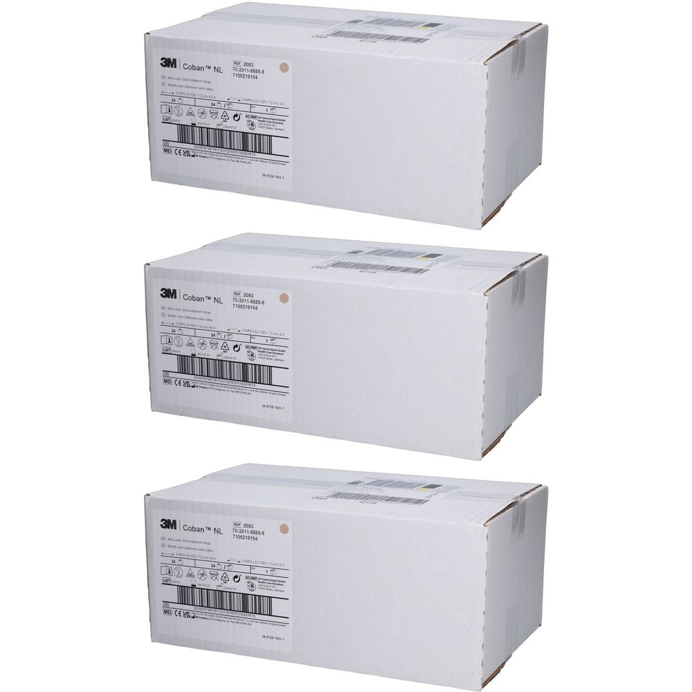 Drei weiße Kartons mit Produktinformationen und Barcodes. Auf den Kartons ist das Logo von 3M Coban NL zu sehen.