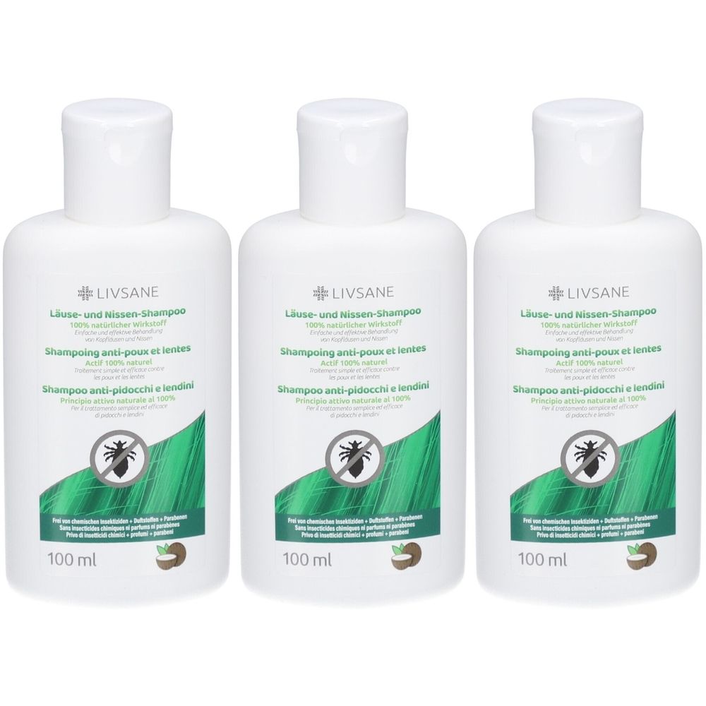 Drei weiße Flaschen LIVSANE Shampoo gegen Läuse und Nissen. Aufschrift: Shampoo anti-poux et lentes, 100% natürlich.