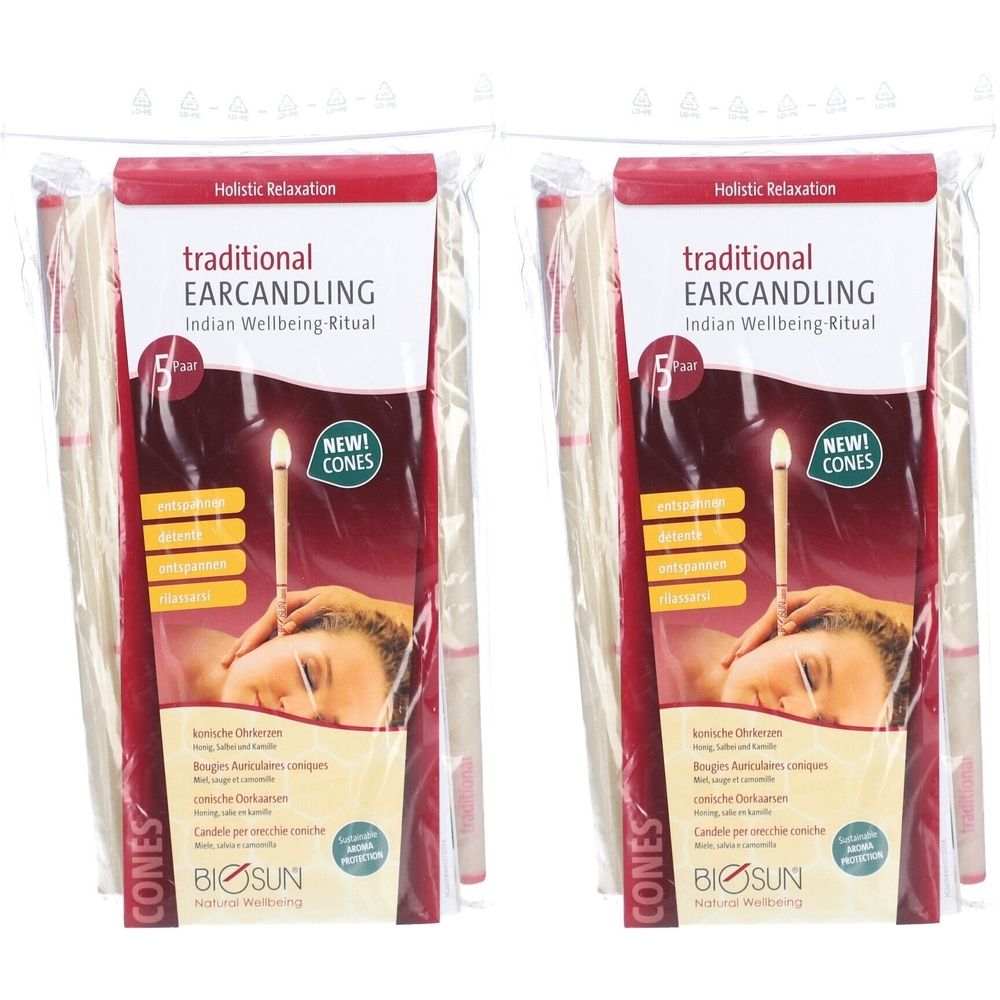 Zwei Packungen Ohrkerzen in Folienverpackung. Aufdruck: "traditional EARCANDLING", "BIOSUN".