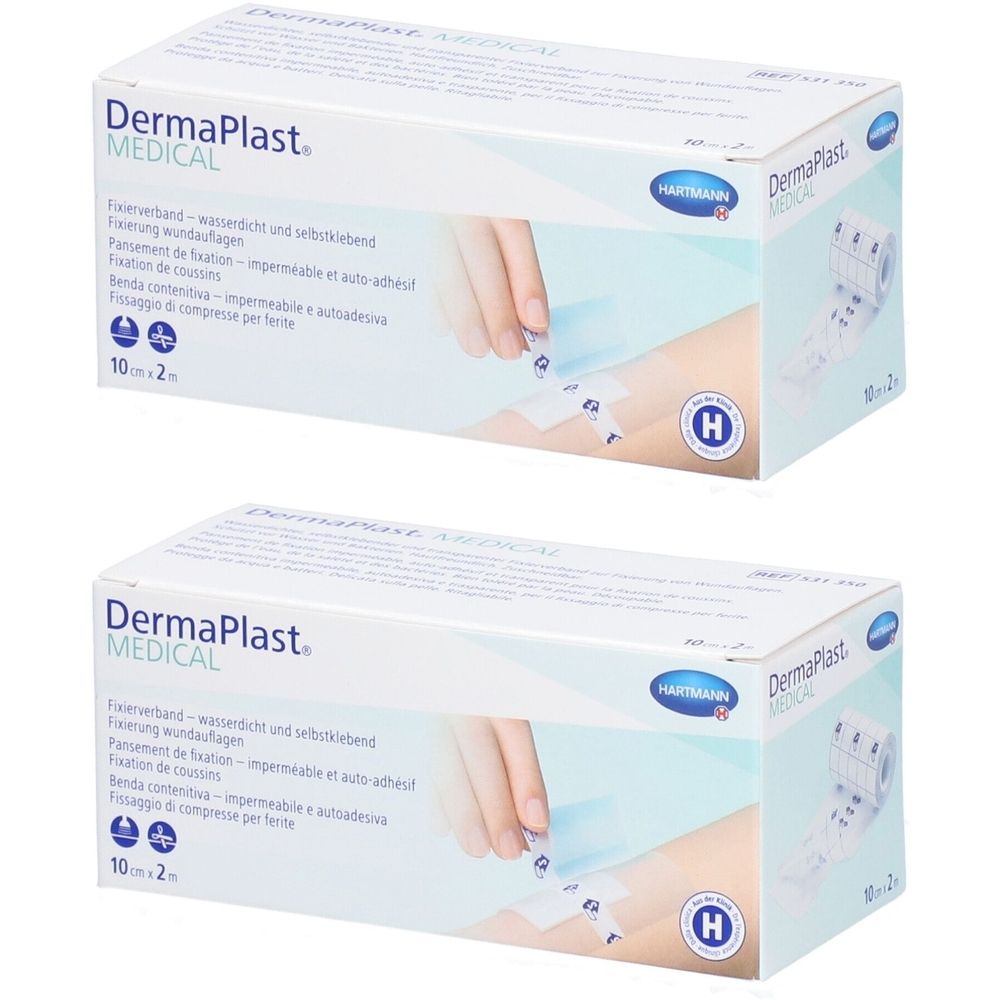 Deux boîtes de film de fixation DermaPlast Medical. Boîtes blanches avec nom du produit et logo Hartmann. Impression : 10cm x 2m.