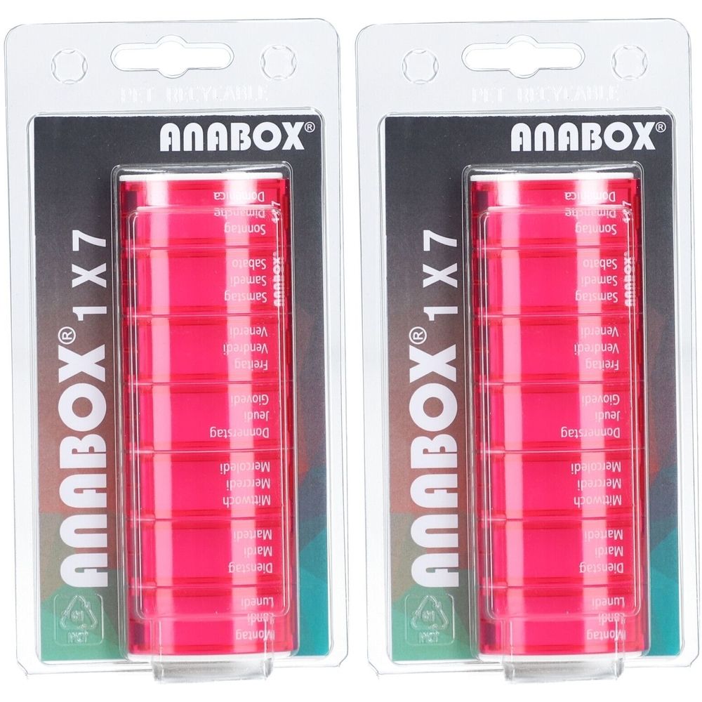 Zwei rosa Pillenboxen in Blisterverpackung. Auf jeder Box steht "ANABOX® 1x7". Die Boxen haben sieben Fächer mit Wochentagen beschriftet.