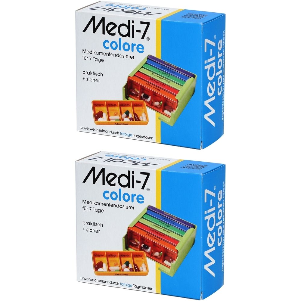 Deux boîtes de piluliers Medi-7 colore. Chaque boîte présente un distributeur de comprimés coloré pour 7 jours. Inscription : Distributeur de médicaments.