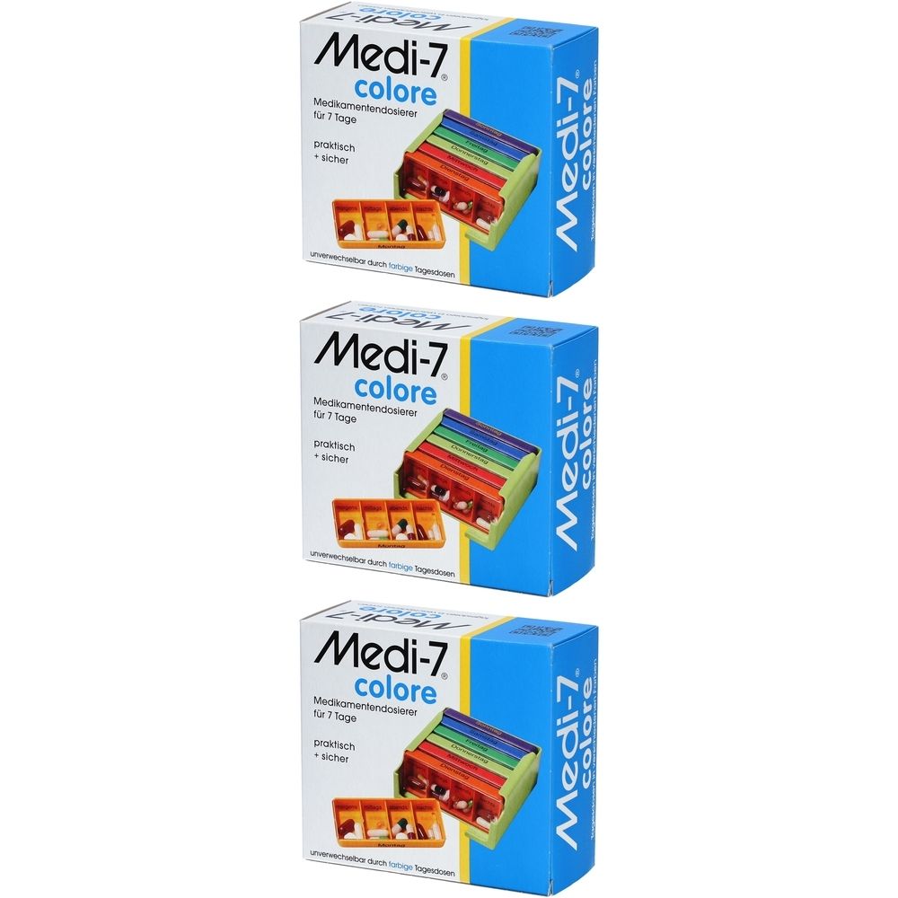 Trois boîtes de piluliers Medi-7 colore. Chaque boîte montre un pilulier hebdomadaire coloré et un plateau orange.