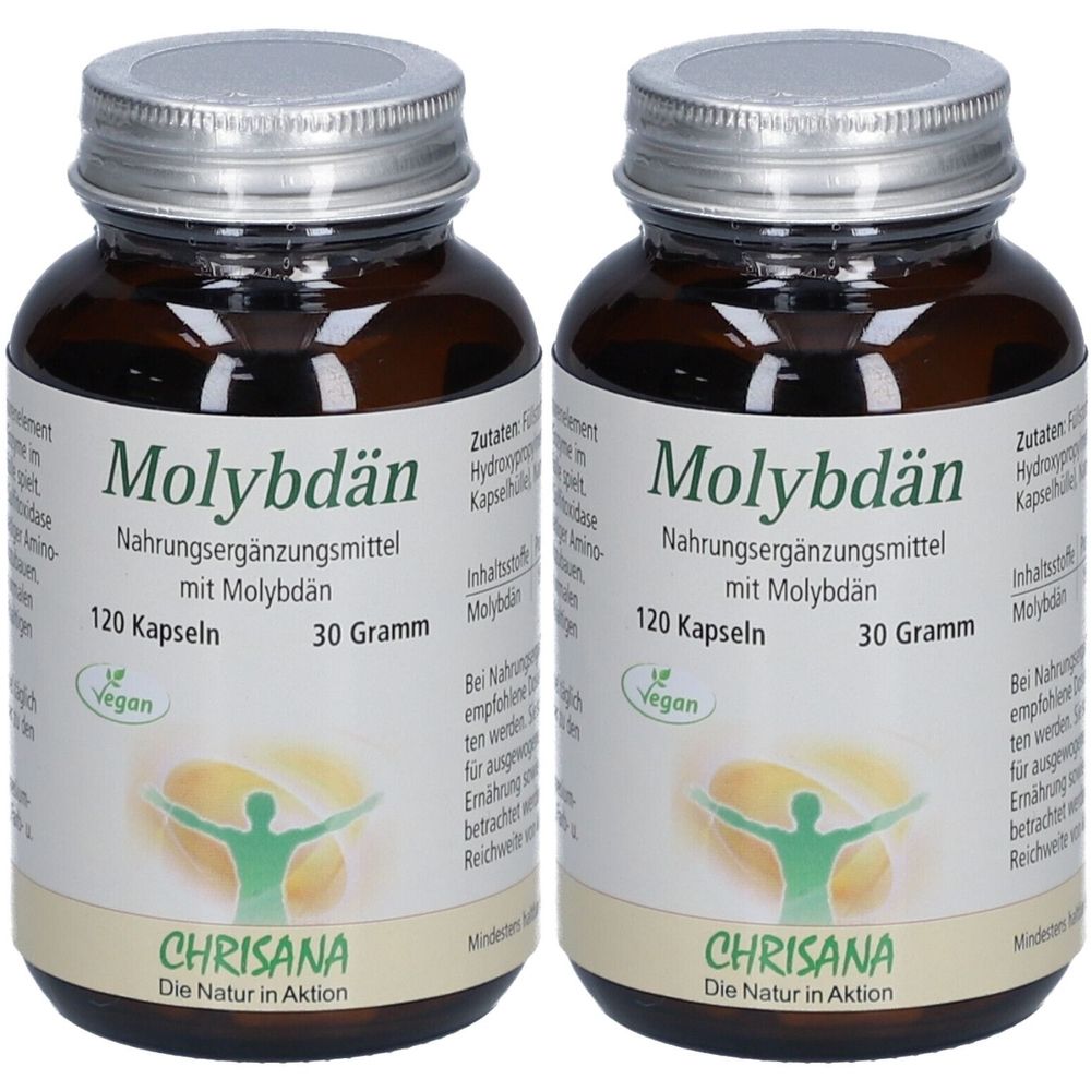 Zwei braune Glasflaschen mit silbernen Deckeln. Aufschrift: Molybdän, Nahrungsergänzungsmittel, 120 Kapseln, 30 Gramm. Vegan-Siegel. Marke: Chrisana.