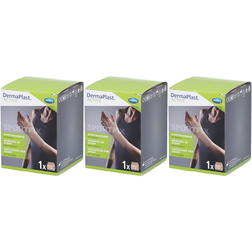 Drei quadratische Verpackungen von DERMAPLAST Active Sportbandage. Grün-graue Schachteln mit Produktabbildung und Text. 1x Packung.
