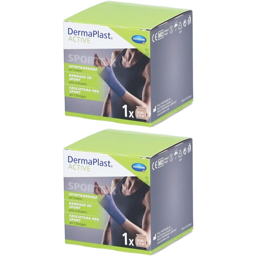 Deux boîtes carrées de bandage sportif DermaPlast Active. Inscriptions : Sportbandage, 1x, marquage CE. Couleurs vert et gris.
