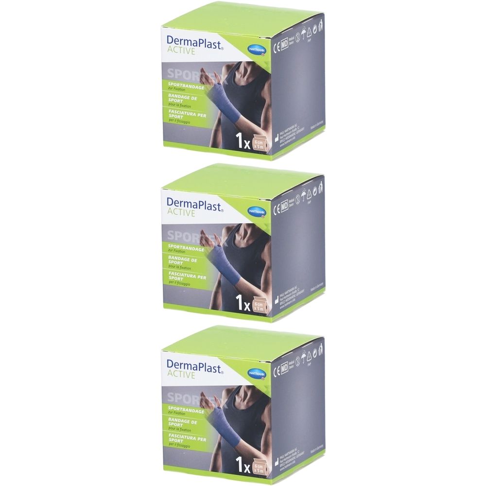 Trois boîtes de bandage sportif DermaPlast Active. Chaque boîte montre un bandage bleu sur un bras. Impression: 1x.