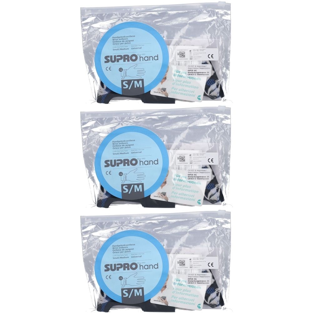 Drei OPED® SUPROhand Handgelenkorthesen in Folienverpackung. Blaue Kreise mit Produktlogo und Größenangabe S/M. CE-Kennzeichnung.