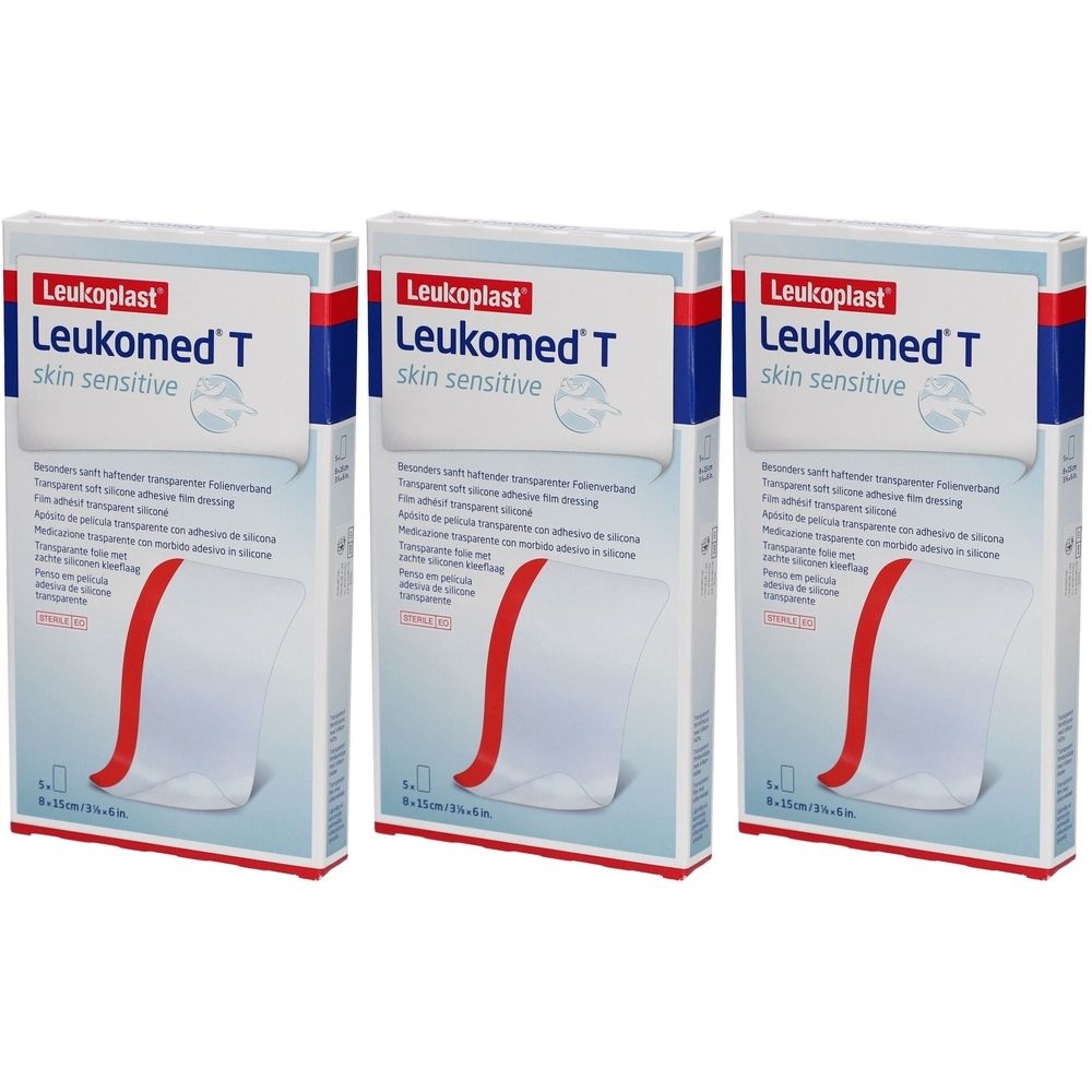 Drei Packungen Leukoplast Leukomed T, transparente, silikonisierte Klebefolie. Aufschrift: skin sensitive. Größe: 8 x 15 cm.