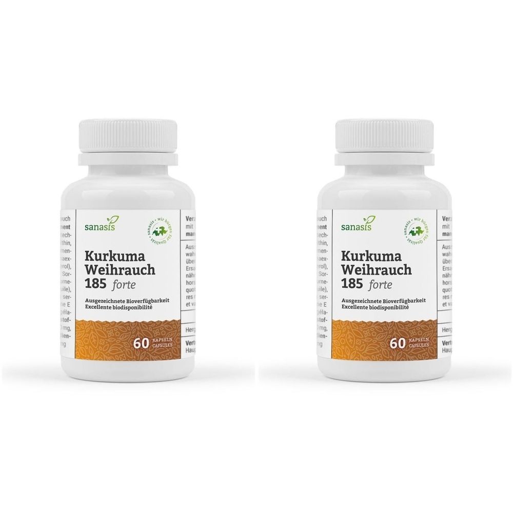 Zwei weiße Pillendosen mit Schraubverschluss. Auf jeder Dose steht "Kurkuma Weihrauch 185 forte" und "60 Kapseln".