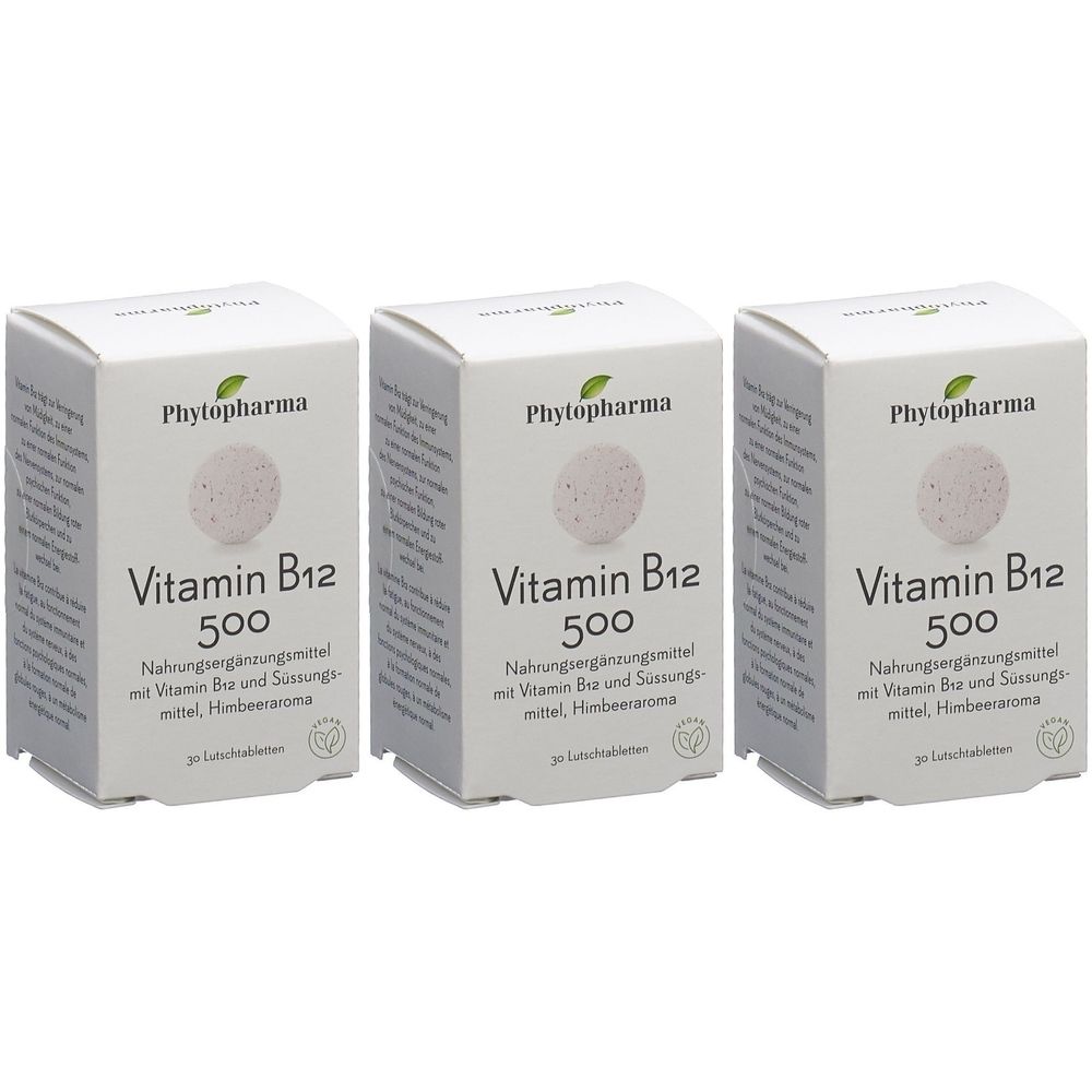 Drei Schachteln PHYTOPHARMA Vitamin B12 500. Weiße Verpackung mit Produktnamen, Logo und Inhaltsangaben.