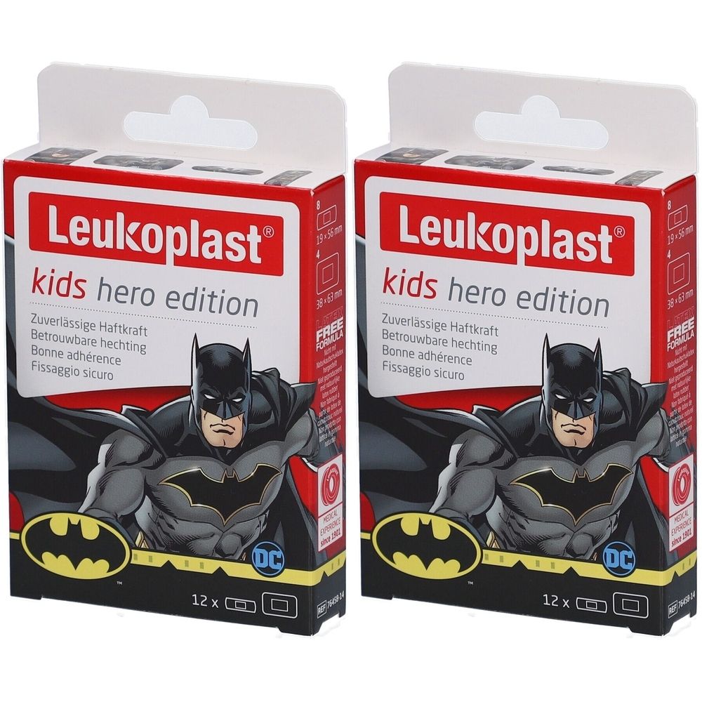 Zwei Packungen Leukoplast®-Kinder Pflaster. Aufdruck: Batman. Text: kids hero edition. 12 Pflaster pro Packung.