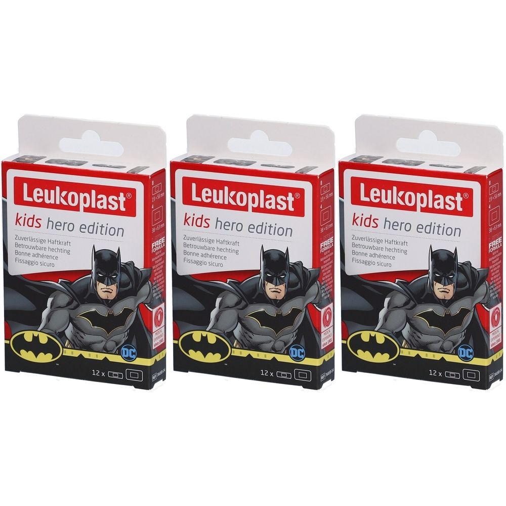 Drei Packungen Leukoplast®-Kinder Pflaster. Auf jeder Packung ist Batman abgebildet. Aufschrift: kids hero edition.