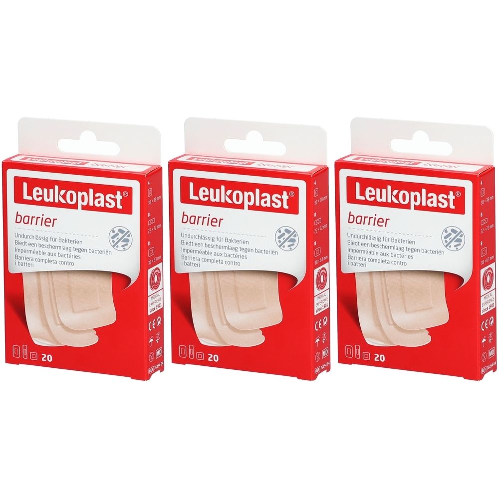 Drei Packungen LEUKOPLAST® barrier. Rote Schachteln mit weißen Aufschriften und Pflastern. Bio 20.
