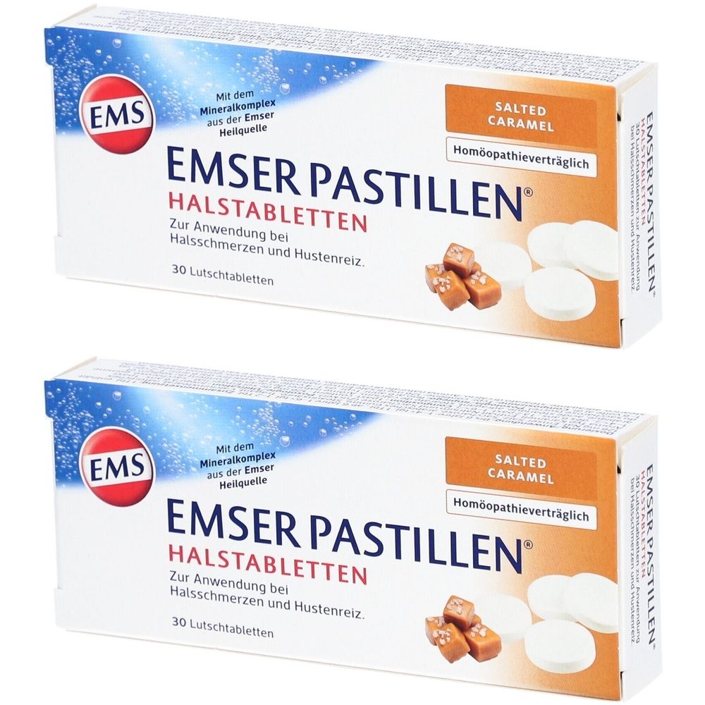Zwei Schachteln EMSER PASTILLEN. Aufschrift: HALSTABLETTEN, SALTED CARAMEL, 30 Lutschtabletten. Homöopathieverträglich.