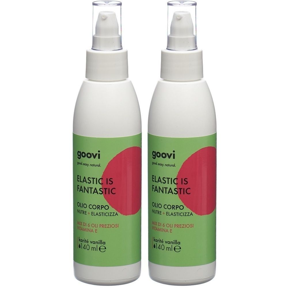 Deux flacons blancs avec pompe. Inscription : GOOVI, ELASTIC IS FANTASTIC, huile pour le corps. Autocollant vert avec cercle rouge. 40 ml.