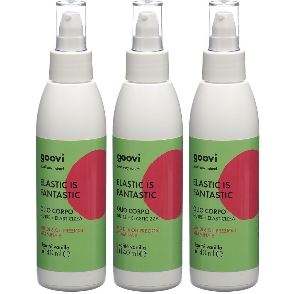 Trois flacons blancs avec vaporisateur. Inscription : GOOVI, ELASTIC IS FANTASTIC, Olio Corpo, 40 ml. Étiquette verte avec cercle rouge.