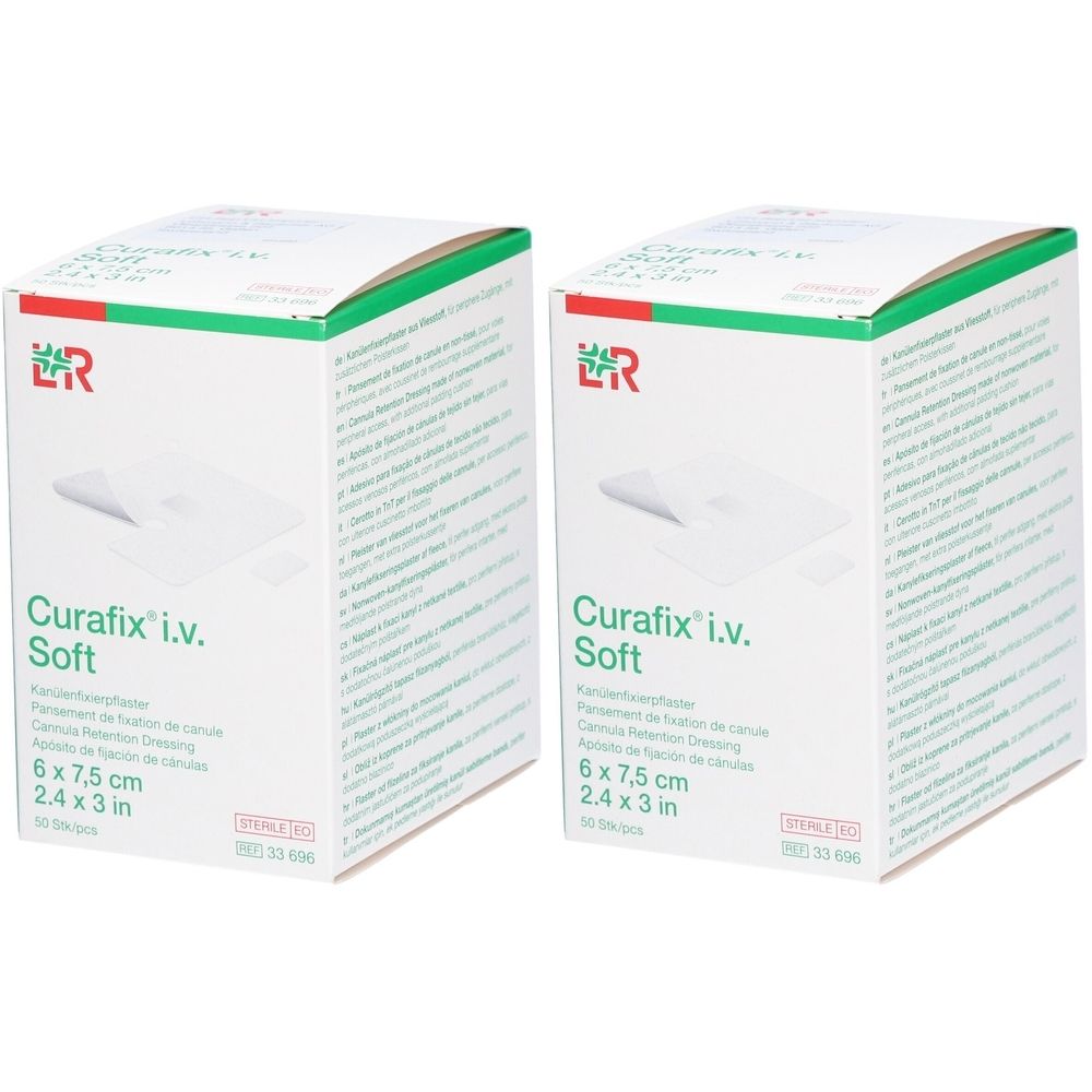 Deux boîtes de Curafix i.v. Soft. Dimensions : 6 x 7,5 cm. Logo du fabricant. Emballage vert et blanc.