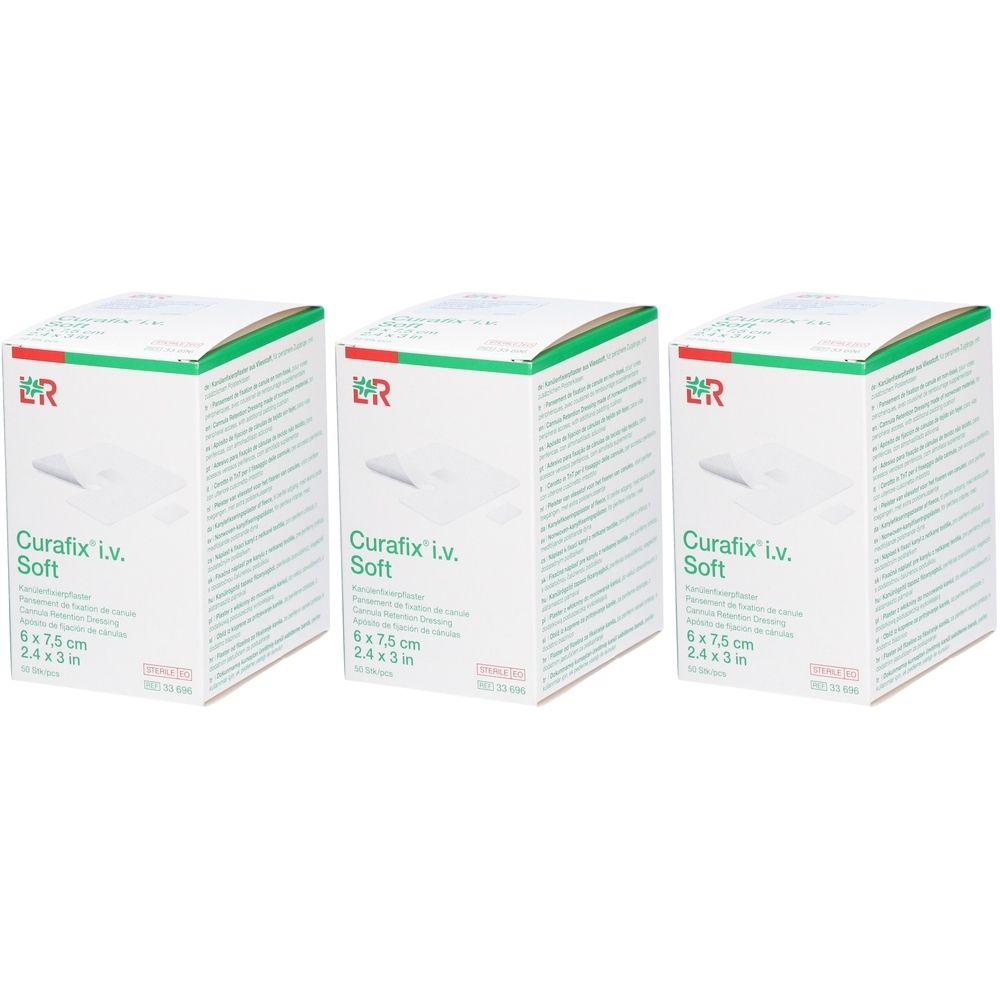 Trois boîtes blanches avec des accents verts et rouges. Inscription : Curafix i.v. Soft, 6x7,5 cm.