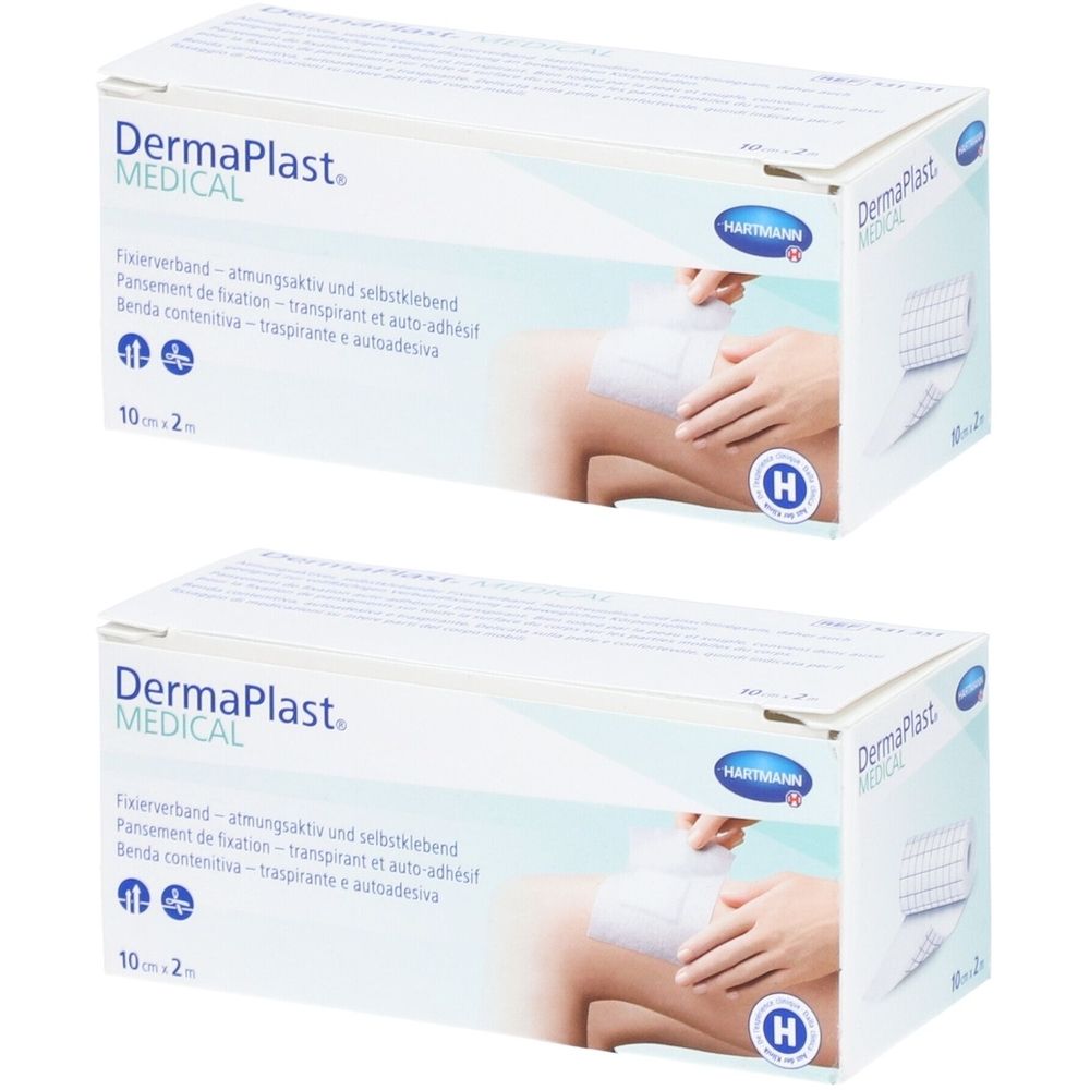 Deux boîtes de fixateur médical. Inscription: DermaPlast Medical, 10cmx2m. Illustration: application sur une jambe.
