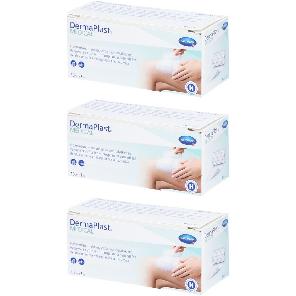 Trois boîtes de DERMAPLAST Medical Fixiervlies. Inscriptions : logo, nom du produit, informations médicales, illustration de l'application.
