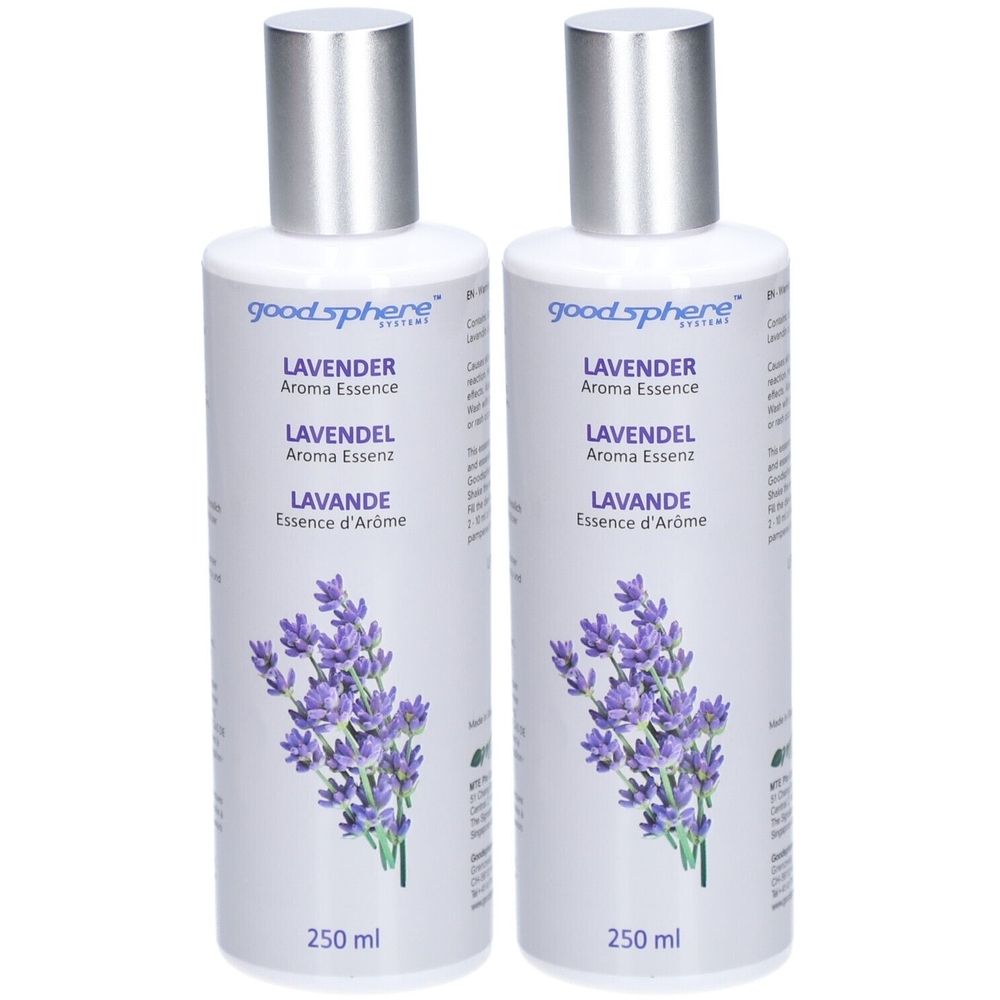 Zwei Flaschen LAVENDEL Aroma Essenz. Weiße Flaschen mit silbernen Deckeln. Aufschrift: LAVENDEL, LAVENDEL Essenz, Lavande Essence d'Arôme. 250 ml.