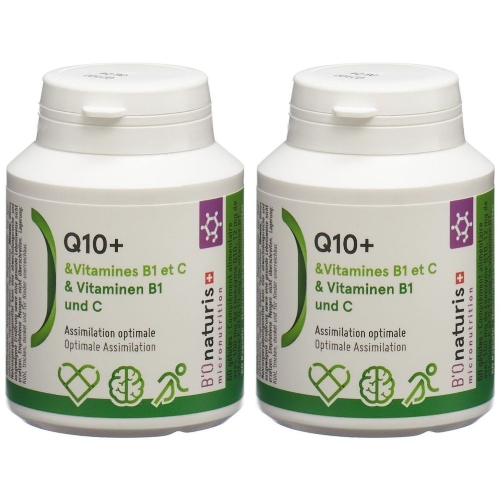 Zwei weiße Flaschen mit grünem Etikett. Aufschrift: Q10+, Vitamine B1 und C. Marke: B'Onaturis. Deckel mit Klappverschluss.