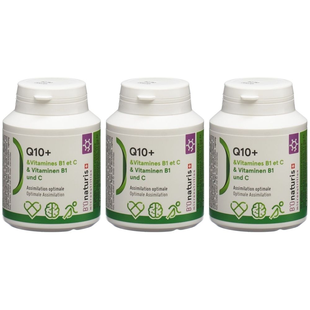 Drei weiße Pillendosen mit grünem Etikett. Aufschrift: Q10+, Vitamine B1 und C. Marke: Bionaturis.