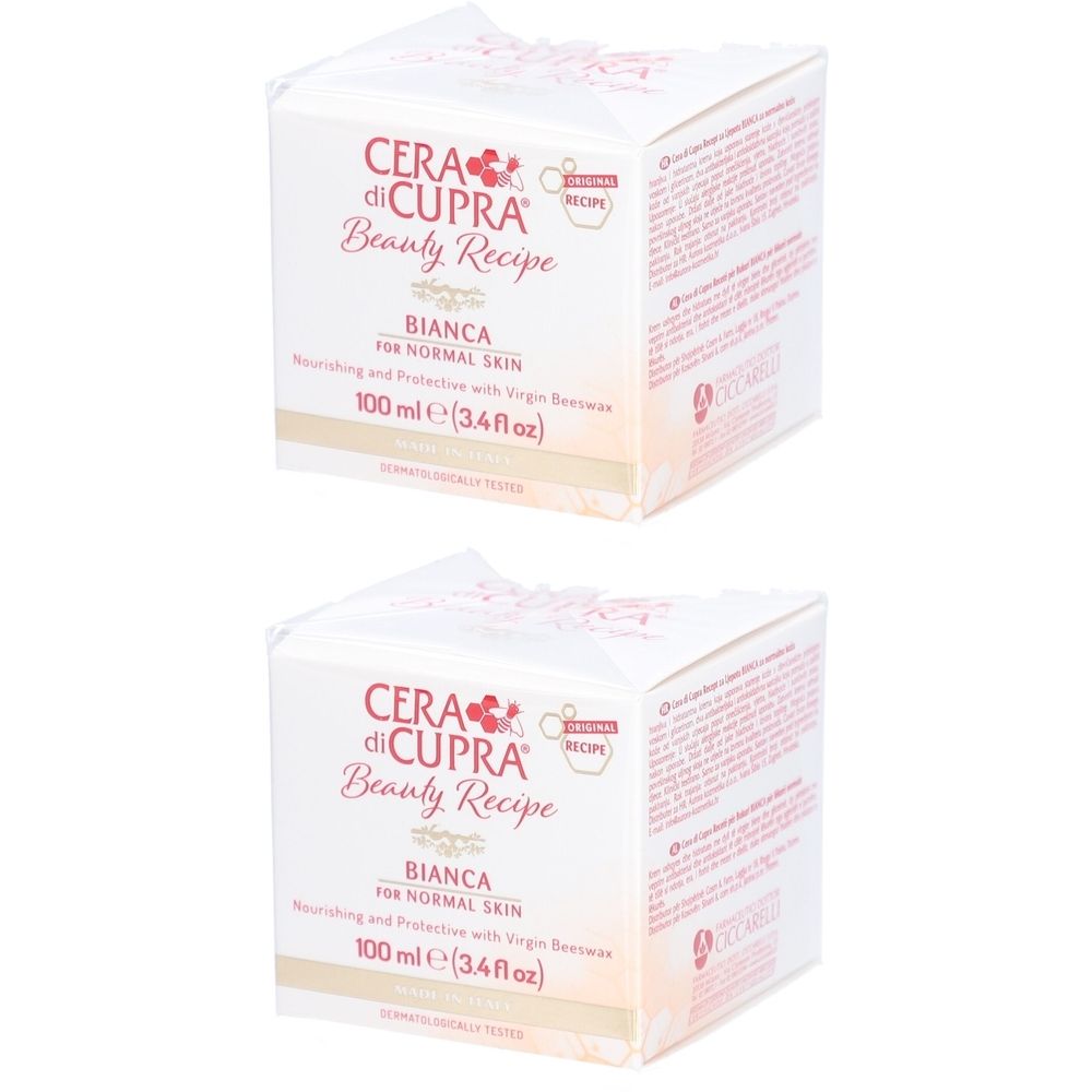 Deux boîtes carrées. Inscription: Cera di Cupra Beauty Recipe Bianca pour peau normale. 100 ml.