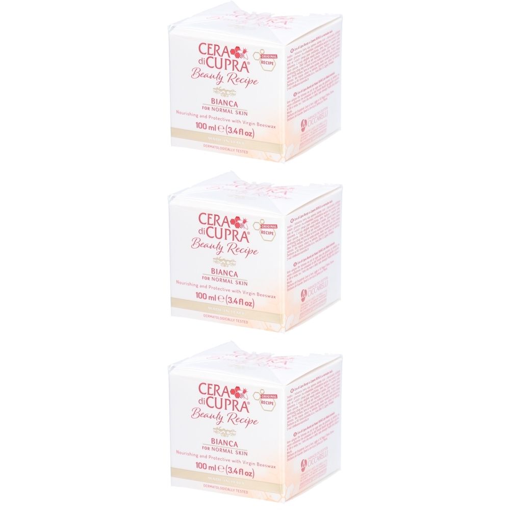 Trois boîtes carrées. Inscription : Cera di Cupra, Bianca, Beauty Recipe. Pour peaux normales. 100 ml.
