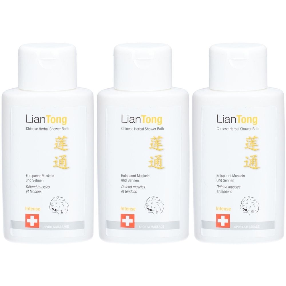 Drei weiße Flaschen mit Klappdeckel. Aufschrift LianTong, chinesische Schriftzeichen, Text in Deutsch und Französisch, Schweizer Kreuz.