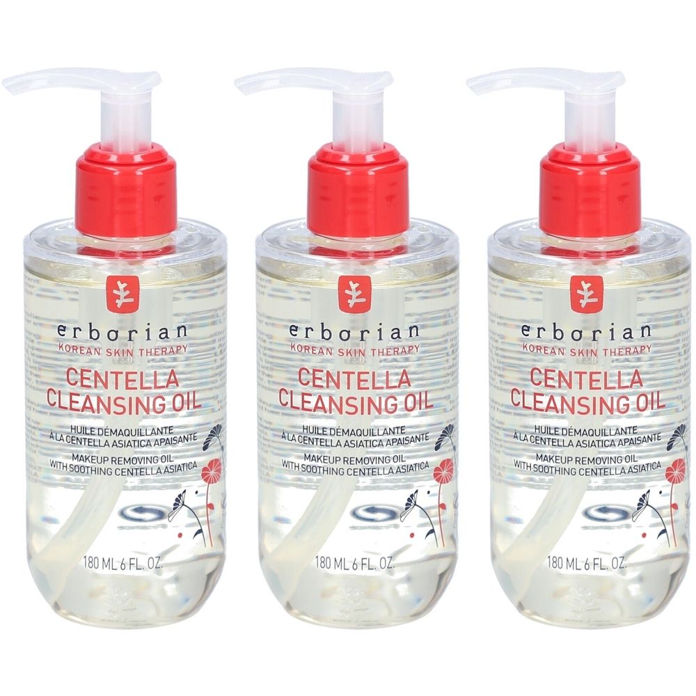Drei transparente Flaschen mit rotem Pumpkopf. Aufschrift: Centella Cleansing Oil. 180 ml.