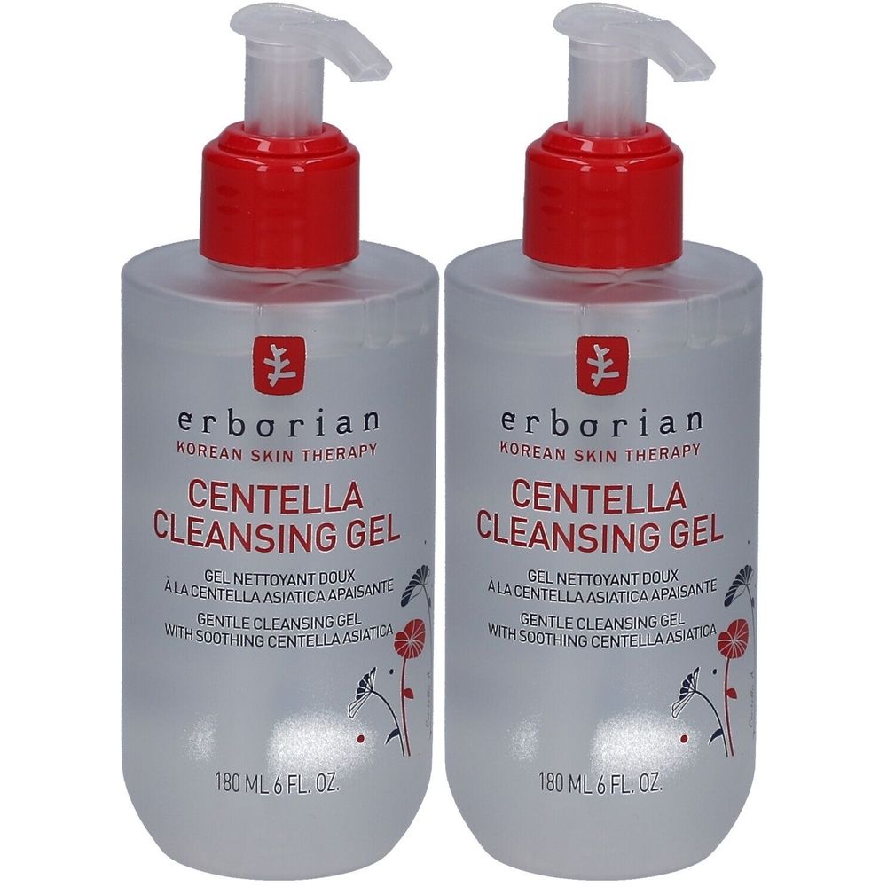 Zwei transparente Flaschen mit rotem Pumpkopf. Aufschrift: Erborian Centella Cleansing Gel. 180 ml.